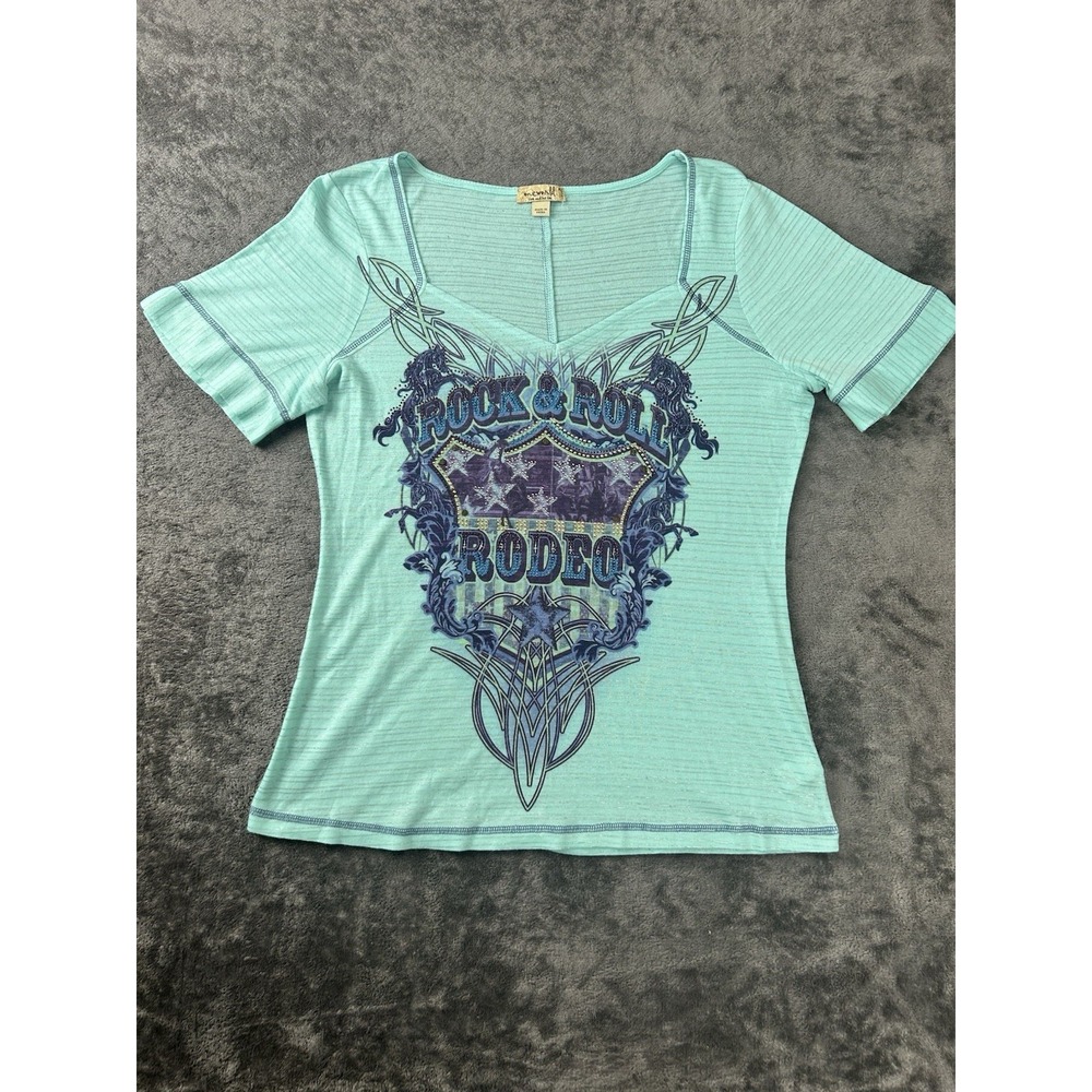 Rock & Roll Rodeo Women's Graphic Tee Shirt Mint Green Cowgirl Western Y2K XL